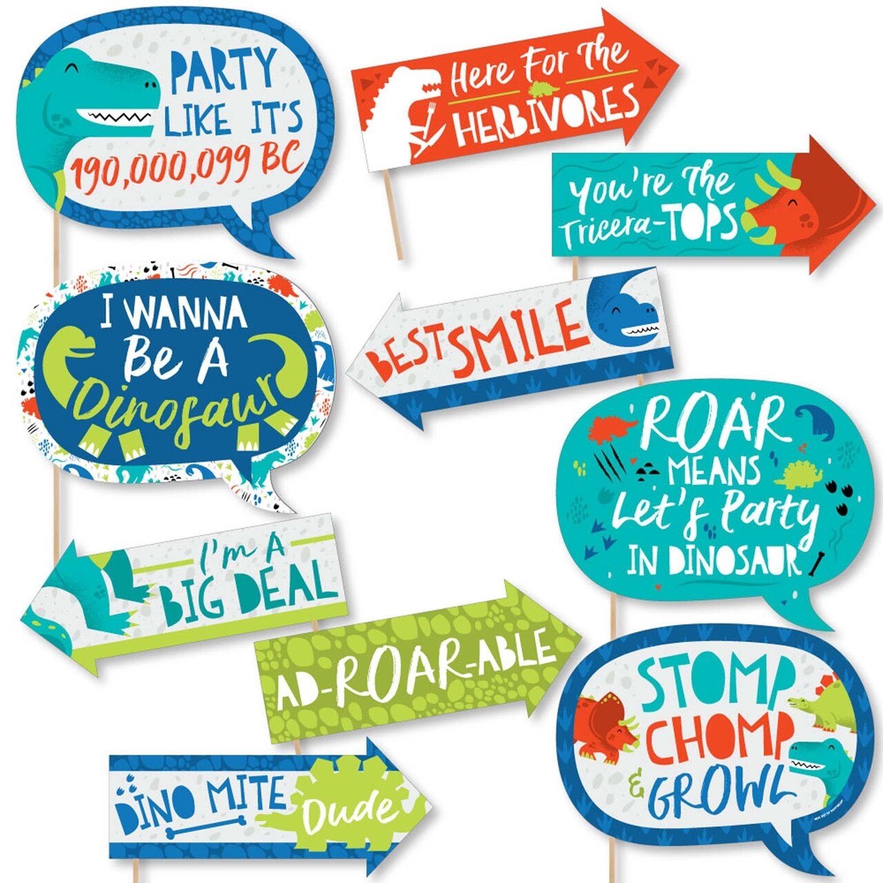 Big Dot of Happiness Funny Roar Dinosaur - Dino Mite T-Rex Baby Shower or Birthday Party Photo Booth Props Kit - 10 Piece